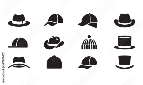 A set of black silhouette icons representing different types of headwear, including hats, caps, and beanies.