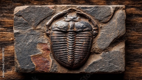 Detailed trilobite exoskeleton fossil imprint, prehistoric sea creature for educational collections or geology references.