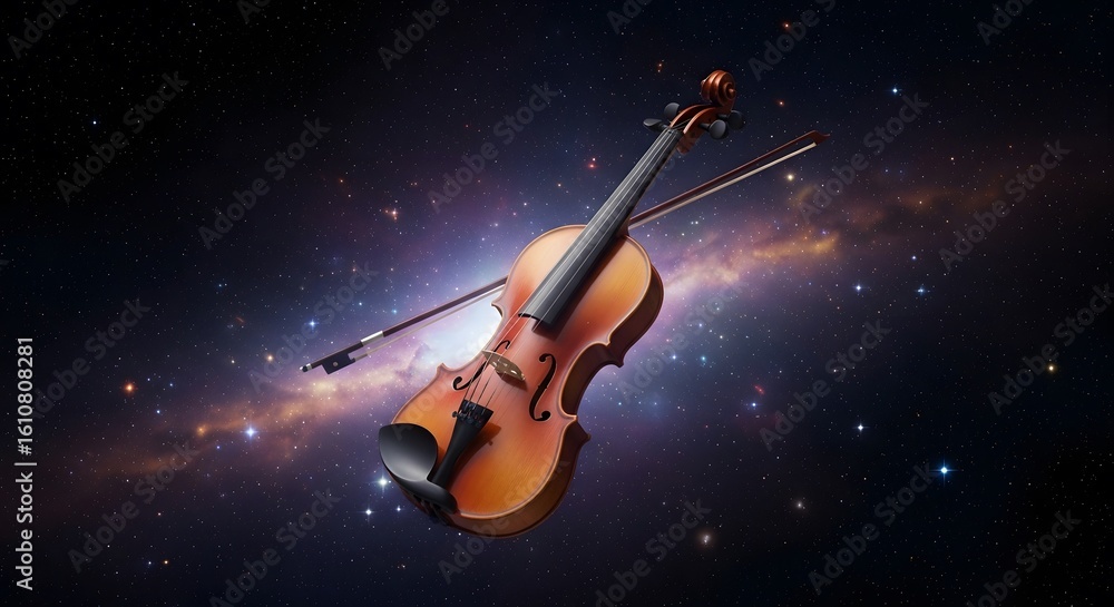 Fototapeta premium Classical violin floats amidst a cosmic nebula, bow resting beside it.