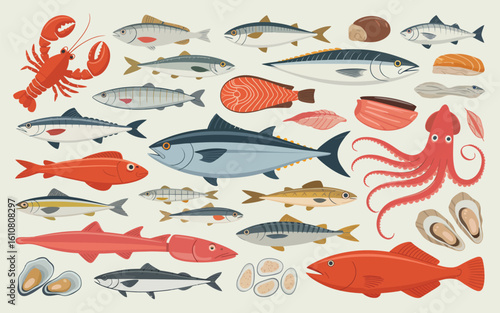 Assortment of fresh seafood and fish ready for cooking and eating