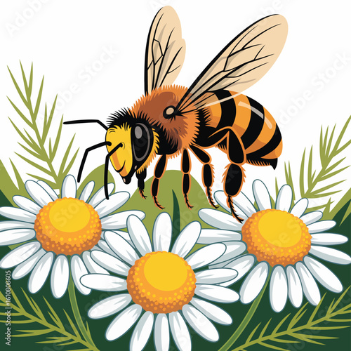 Close up illustration of a fuzzy bee collecting nectar from white daisies