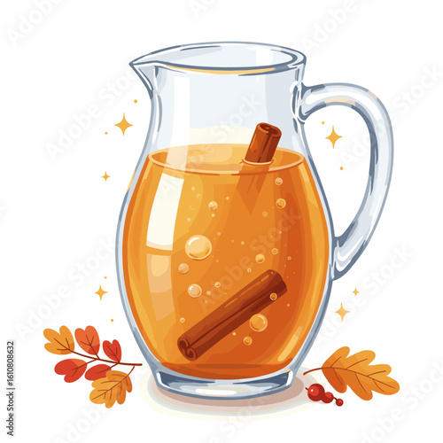 Glass pitcher of spiced drink with cinnamon sticks and autumn leaves  