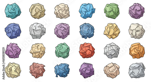 A collection of crumpled paper balls in various colors, arranged in a grid of four rows and seven columns, representing discarded ideas or creative mess.