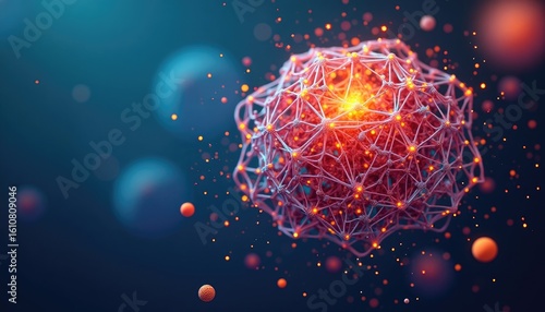 Glowing Molecular Structure: Abstract Network with Luminous Nodes and Spherical Elements