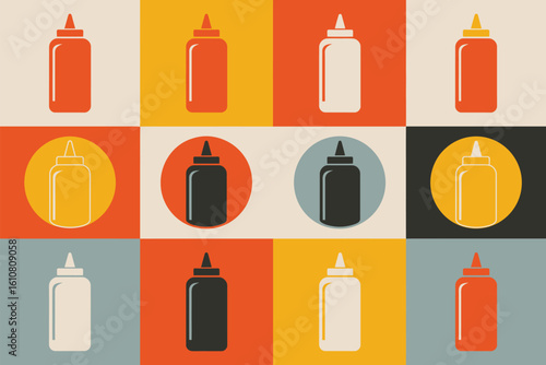 Retro style condiment bottles pattern on colorful backgrounds