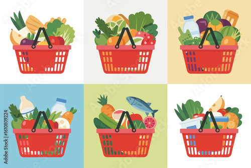 Six red shopping baskets filled with fresh groceries and produce