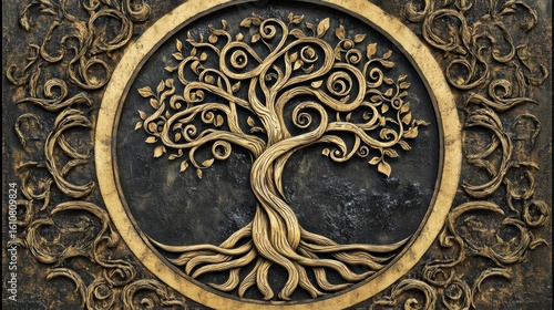 Intricate gold tree of life carving on dark background, ornate frame.