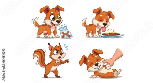 Four cartoon illustrations featuring a playful brown dog shaking a treat bag, happily eating, enjoying a belly rub, and an expressive angry squirrel.