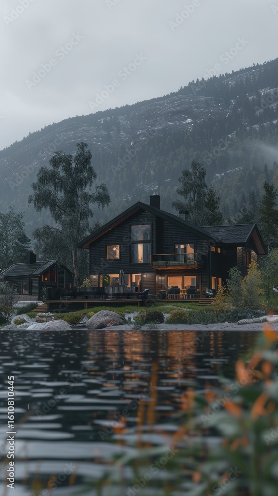 Fototapeta premium Modern Black Lake House Mountain Landscape