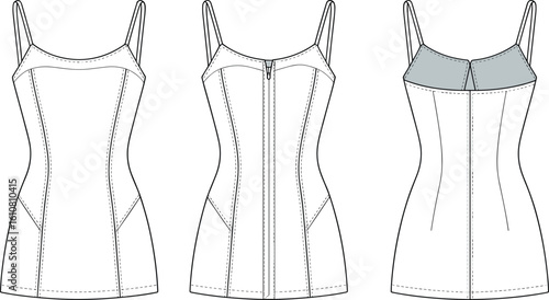 Bodycon dress design, fitted silhouette dress, spaghetti strap dress, technical fashion sketch, garment construction, front and back view, CAD drawing, flat vector illustration