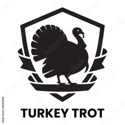 Black turkey trot logo with banner and shield on a white background