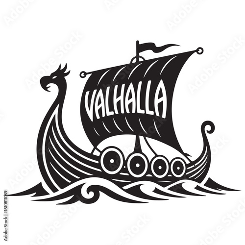 A black and white viking ship with valhalla written on the sail