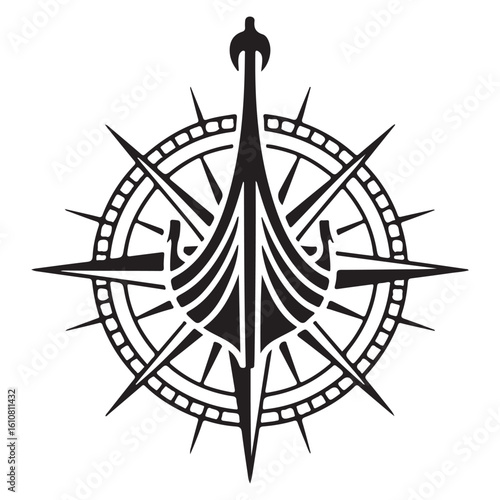 A black and white compass rose with a viking ship in the center