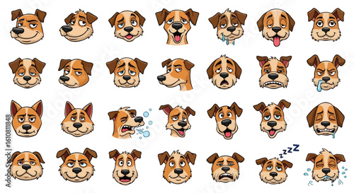 A collection of cartoon dog faces displaying various emotions and expressions, isolated on white.