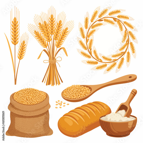 Golden wheat harvest collection with bread and flour