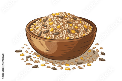 Wooden bowl filled with healthy mixed grains and seeds for breakfast