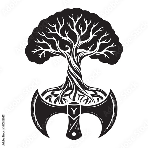 A black and white image of a tree above an axe with a letter y