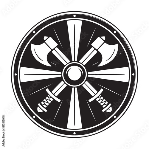 Black and white viking shield with crossed axes and swords design