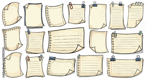 Assortment of vintage-style blank notepads, some with lines, clips, and curled edges on a white background.