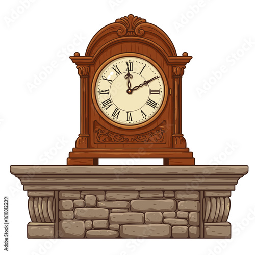 Vintage wooden clock on stone mantelpiece with ornate design  