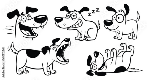 Cartoon dogs in various expressions and poses, including happy, sleeping, and playful.