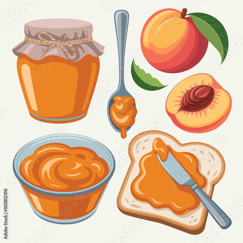 Delicious peach jam spread on toast with fresh peaches and spoonful