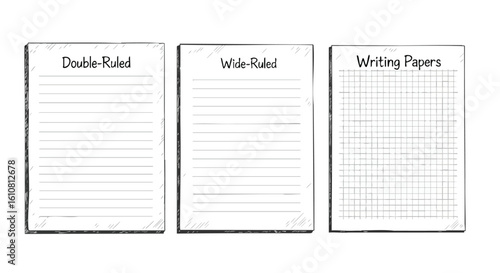 Three different types of writing paper, each with a unique ruling style, displayed on a white background.