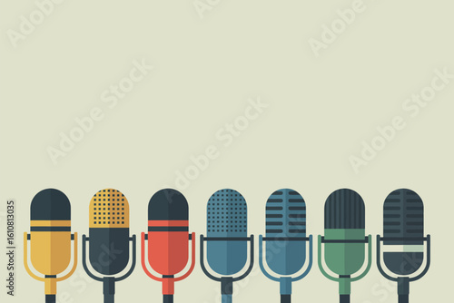 Collection of vintage and modern microphones in a row