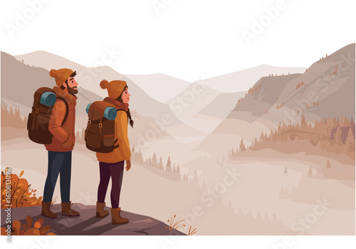 Young couple hiking in mountains with backpacks during autumn  