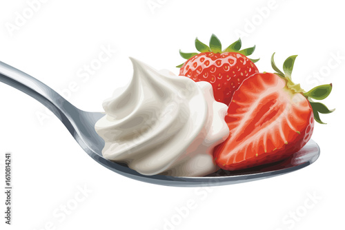 Delicious spoonful of whipped cream and fresh strawberries