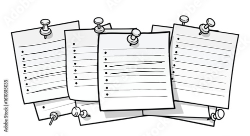 Several sheets of paper pinned together, each displaying a list of items.