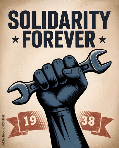 Vintage Labor Solidarity Poster Featuring Raised Fist with Wrench, “Solidarity Forever” Text, and 1938 Ribbon