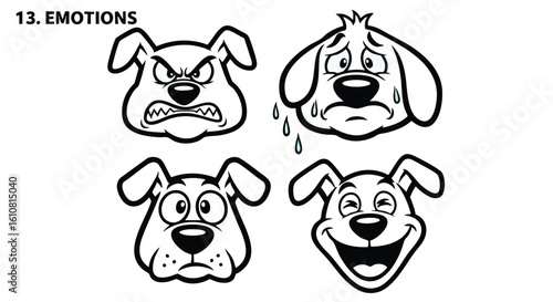 Cartoon dog heads displaying various emotions, including anger, sadness, and joy.