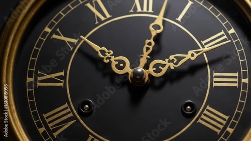 Close up of a black clock face with gold roman numerals and ornate gold hands showing time