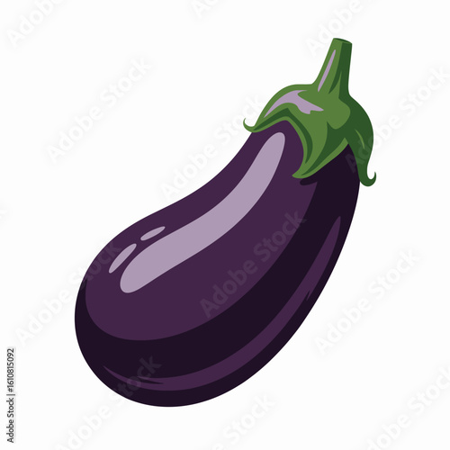 A single ripe purple eggplant with a green stem isolated on a white background