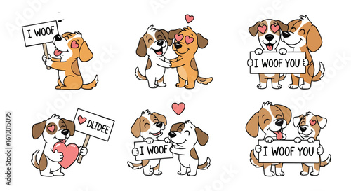 Adorable cartoon dogs expressing affection, holding signs, and embracing each other with hearts.