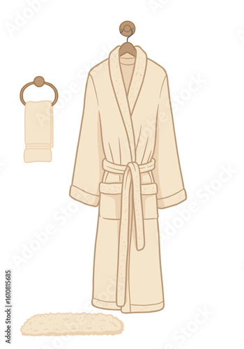 Soft beige bathrobe hanging on hook with towel and mat  