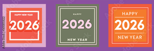 New year 2026 celebration cards with colorful backgrounds and modern typography design
