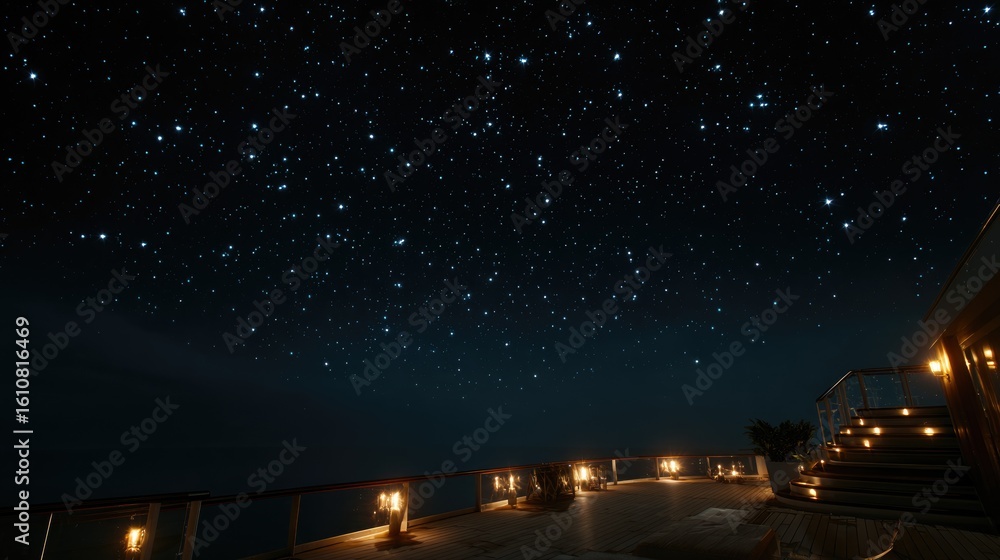 Fototapeta premium A tranquil night sky above a ship, filled with countless twinkling stars scattered across the deep navy blue expanse