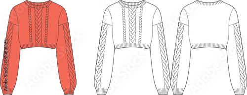 Braided cropped sweater illustration, front and back fashion views, stylish knitwear design, cad drawing flat vector illustration, garment templateBraided cropped sweater illustration, front and back 