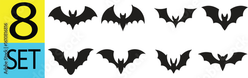 A graphic featuring eight black bat silhouettes arranged in two rows with a yellow and blue set label