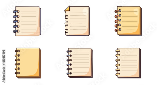 Six cartoon notebooks with spiral bindings and lined pages, depicted in a flat, graphic style.