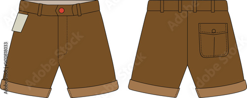 Brown men's shorts vector illustration, casual summer clothing, front and back views, rolled cuffs, belt loops, button closure, pocket detail, fashion design, cad drawing, flat style