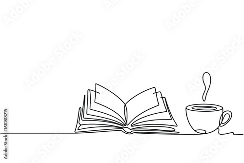 Minimalist line art of an open book next to a steaming cup of coffee