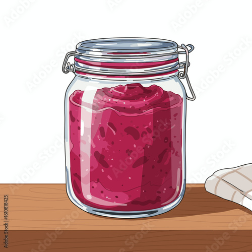 Jar of berry jam on wooden table with kitchen towel nearby  