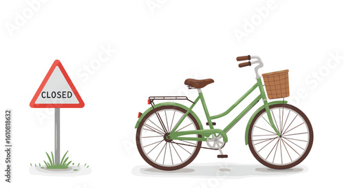 Green bicycle next to a "closed" warning sign on white background  