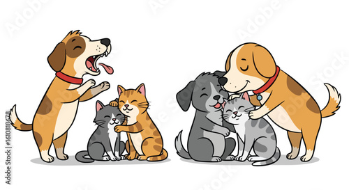Two groups of cartoon dogs and cats hugging and interacting playfully, showcasing friendship and affection.