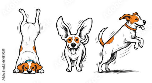 Three cartoon dogs in different poses: one upside down, one with big ears, and one jumping.