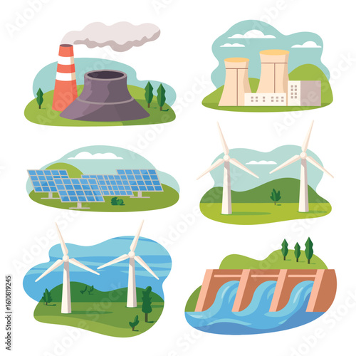 Collection of renewable and non renewable energy sources illustrated
