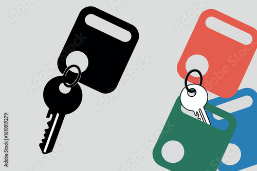 Colorful key tags with keys attached on a light background